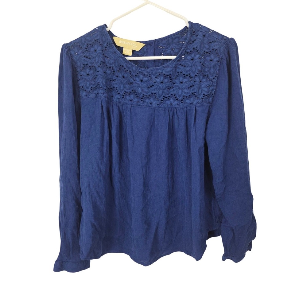 Roebuck & Co Cottage Core Long Sleeve Top‎ XL Womens Blue Lace Embroidered